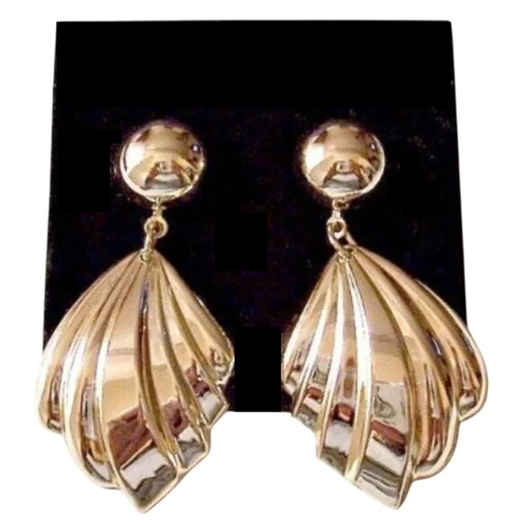 Feather Disc Hoop Pierced Post Stud Earrings Gold Tone - Picture 2 of 5